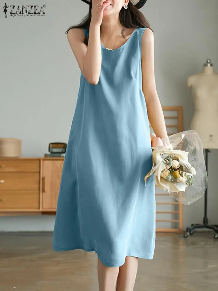 

ZANZEA Holiday Solid Color Robe Vintage Round Neck Long Dress Sexy Summer 2023 Sleeveless Midi Sundress Casual All-match Dresses