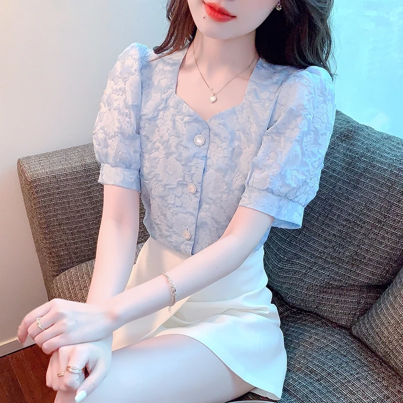 

Summer Women's Short-Sleeved Japanese Style Sweet Solid Color Square Neck Bubble Sleeve Pleated Button Shirt Women Tops C150