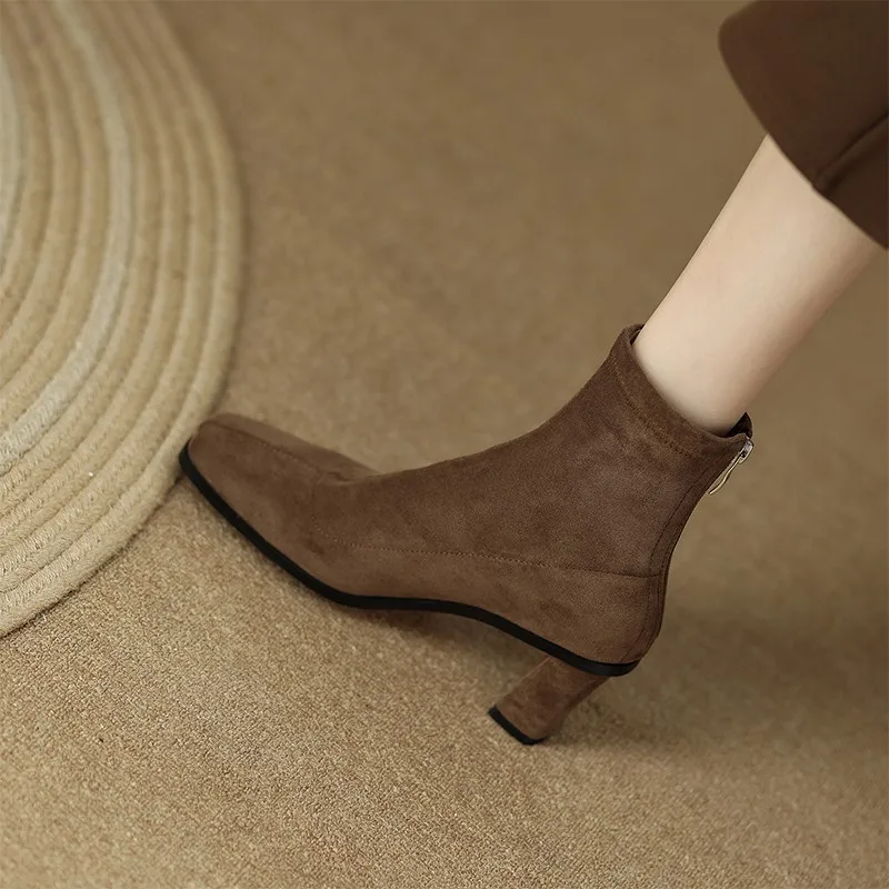 

Boots Women's Ankle Boots Women's Square Toe Thick Heel Shoes Women's Fashionable Suede Leather Boots 2022 Winter New Rubber
