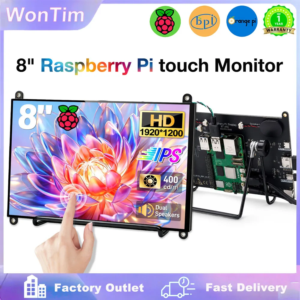 Фото Сенсорный монитор WonTim 7/8 дюймов для Raspberry Pi 5, 1920x1200 IPS, со встроенным динамиком, 4 USB, HDMI, Type-C, промышленный портативный дисплей, 4 отверстия M3 №1