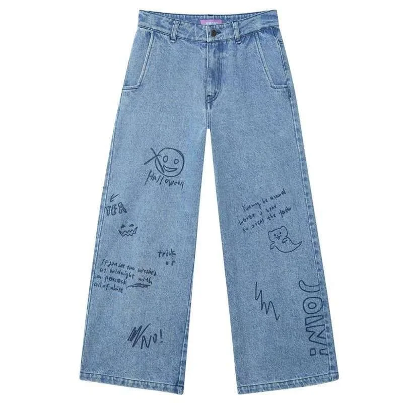 2023 Fashion Jeans New Trend Style Student Loose Vintage Straight Nine-point Wide Leg Pants Print High Waist Trousers Streetwear