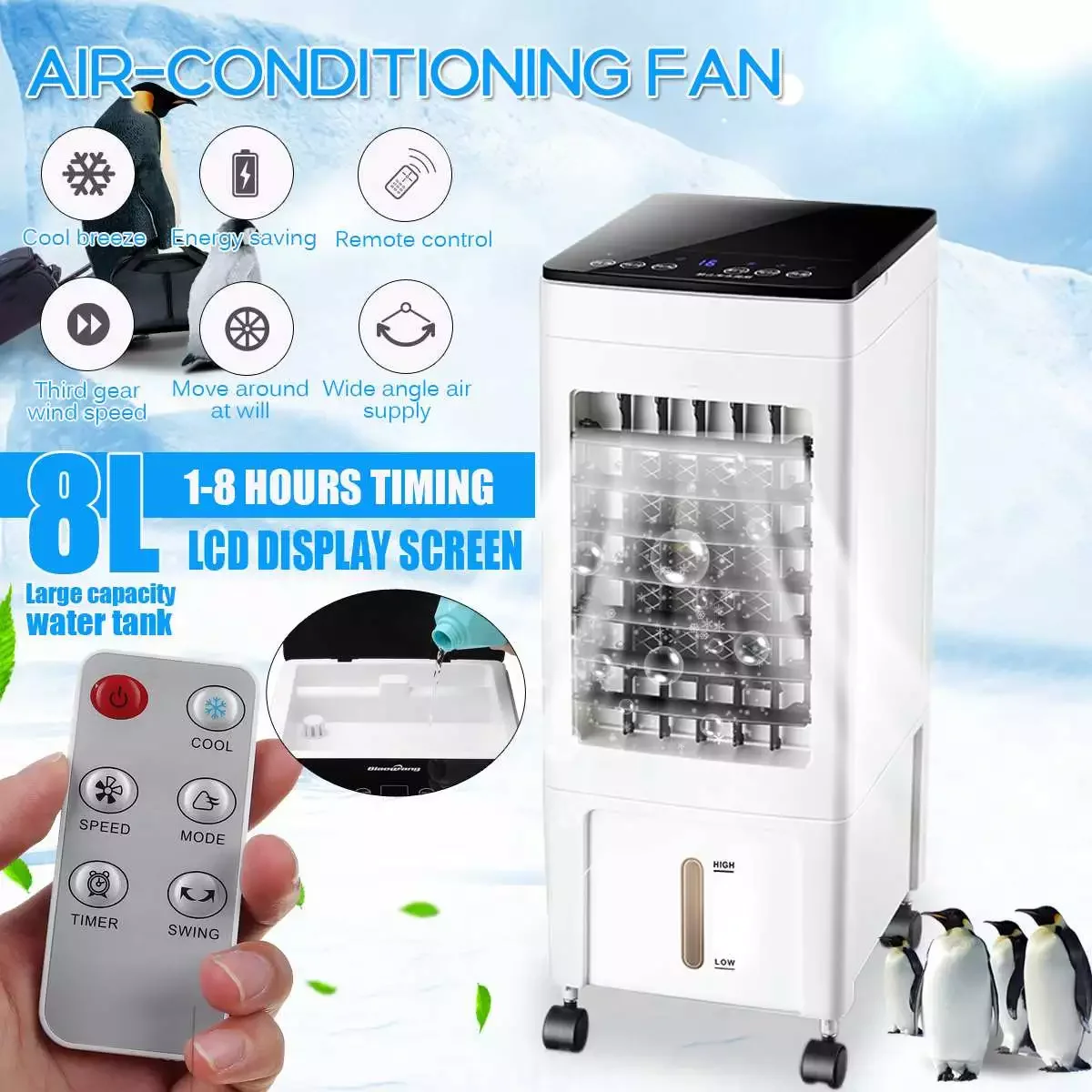 

Air Conditioner Fan Cooler Fan Ice Humidifier Powerful Cooling Air Conditioner Wind Summer Chiller Cool +4 Pcs Ice Crystal 8L