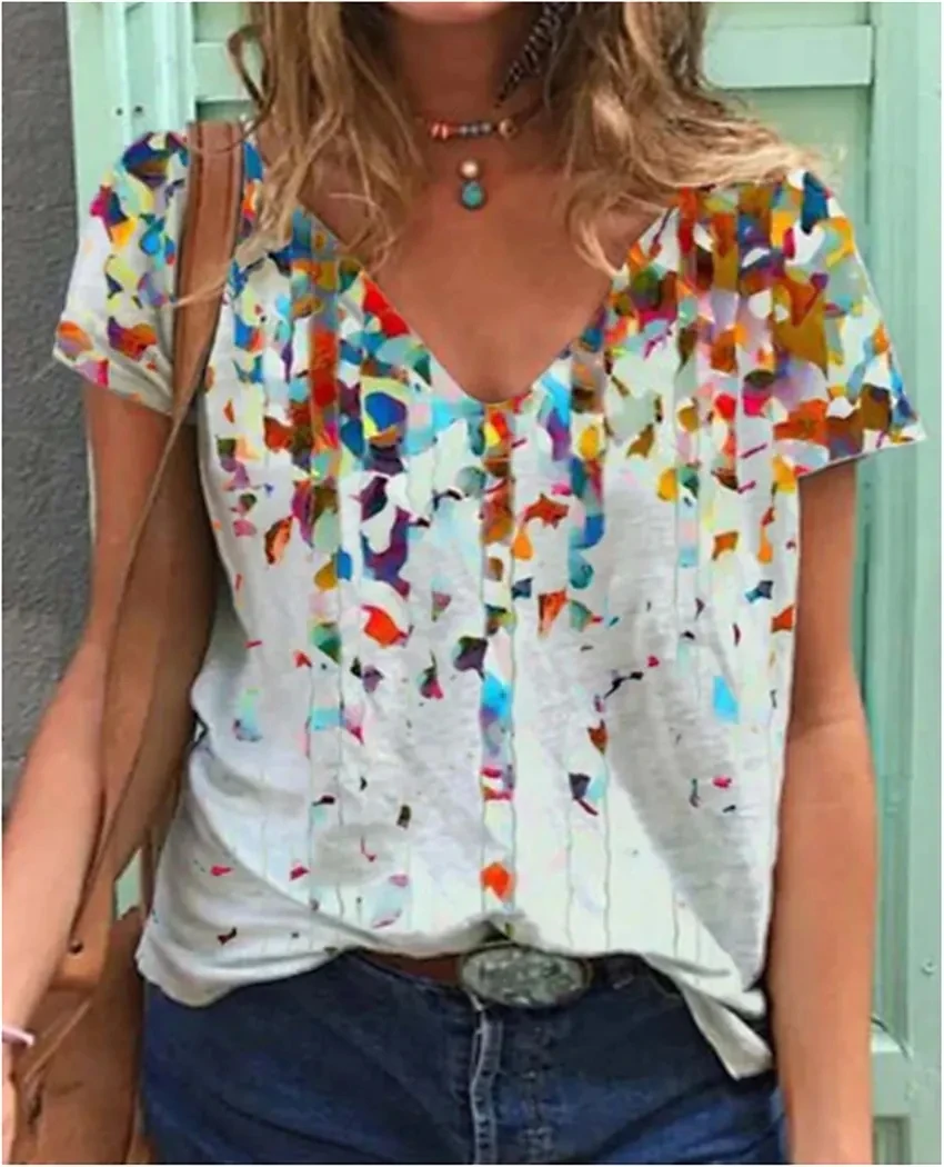 

2022 Abstract Geometric Painting T Shirt Women's Colorful Gradient Geometric Print Basic Plus Size V-Neck Black Top Tee y2k top
