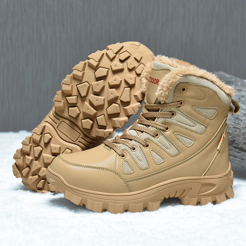 HIKEUP Men Outdoor Hiking Shoes Padded High-top Warm Cotton Shoes Men Tactical Military Snow Boots Genuine Leather Plus Size