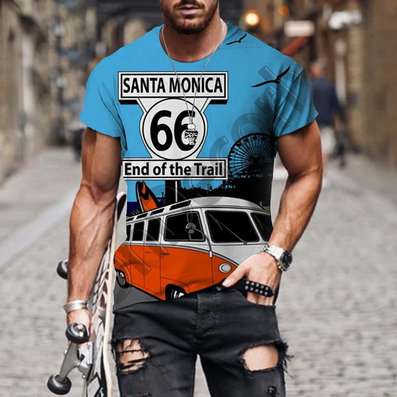 

Retro Route 66 3D Printing Men's T-Shirt Vintage Streetwear Funny Casual Breathable Quick Dry Oversized Round Neck Short Sleeve