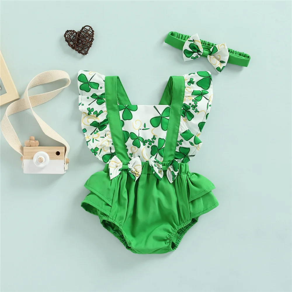 

Комбинезон с принтом клевера для новорожденных девочек 0-18 месяцев, зеленый бант на Боди без рукавов для малышей, повязка на голову, одежда н...