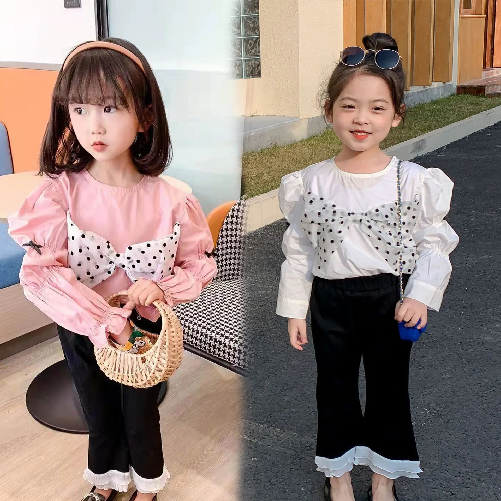 Newborn Baby Girls Clothes Sets Puff Sleeve Polka Dot Bowknot T Shirt Tops Flared Pants Trousers Outfits Clothes