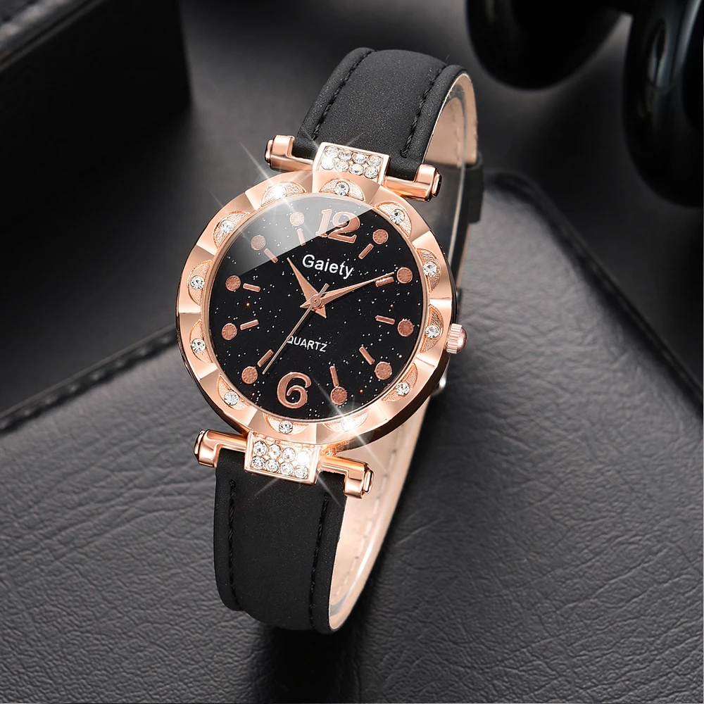 Женские черные кварцевые наручные часы Gaiety с кожаным ремешком градиентный