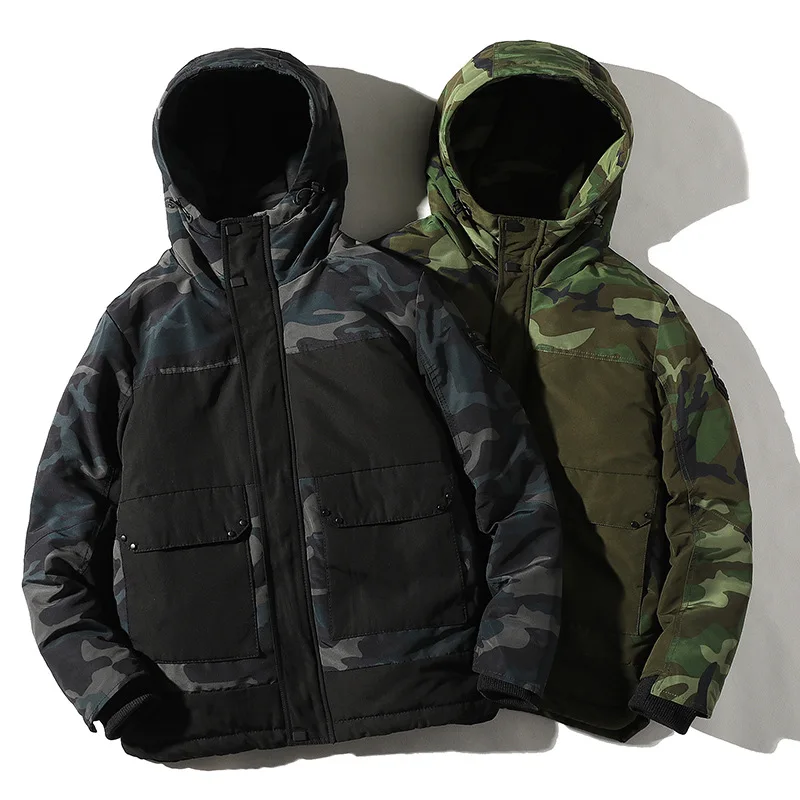 Mens Fashion Camouflage Patchwork Hooded Jackets Winter Thickened Warm Jacket Outdoor Casual Parkas Jaqueta Masculina
