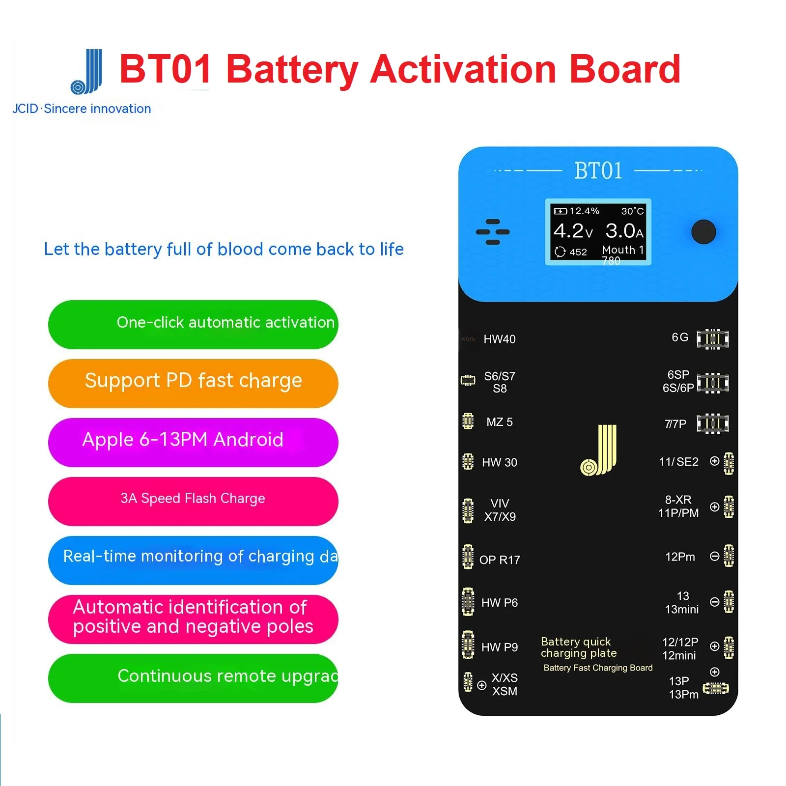 

JCID JC BT01 Battery Activation Board Battery Fast Charging for IP6-13 Pro Max One-click Quickly Detect Battery Health Detection