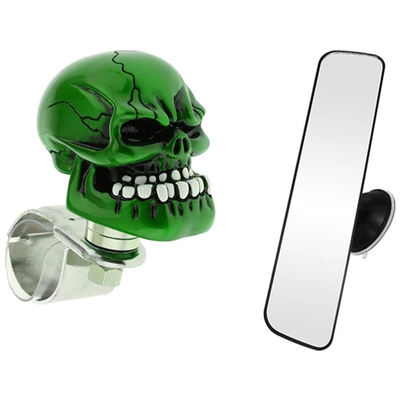 

1 Панорамное зеркало заднего вида, универсальное широкоугольное и 1 шт. Автомобильное рулевое колесо с черепом, Спиннер, ручка для самоубийц