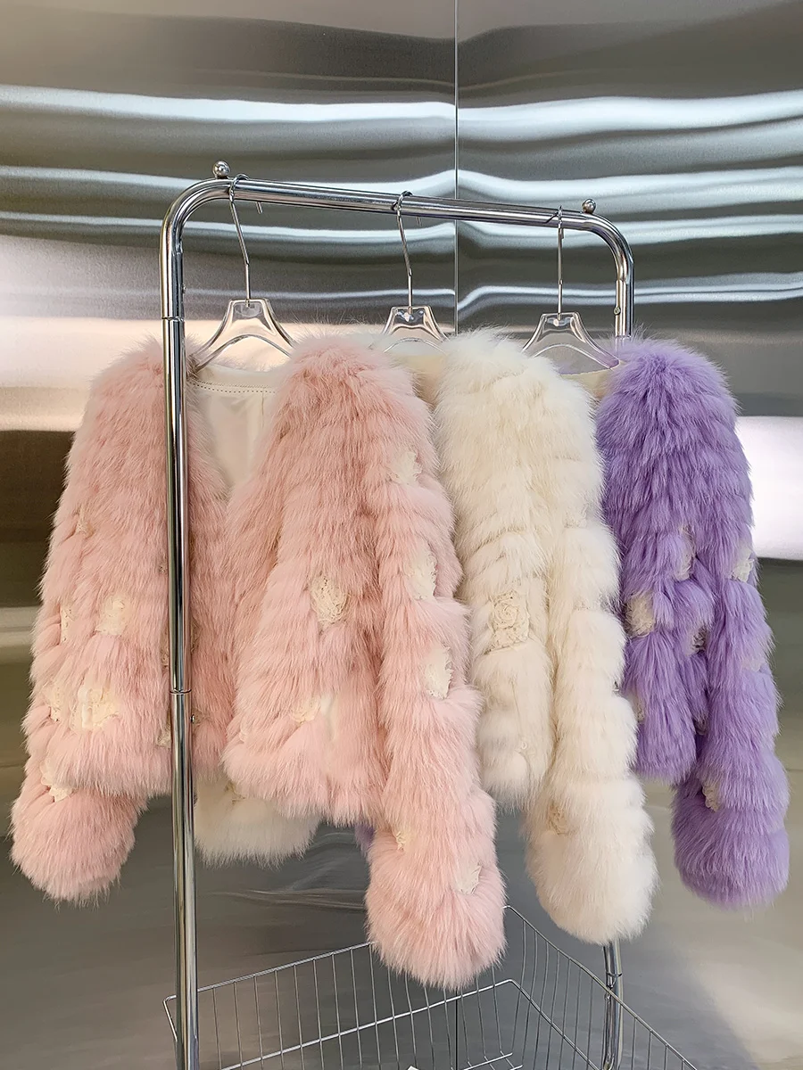Real Fur Lace Rose Spikes Fox Fur Coat for Women New Young Short Winter Trend coat  winter coat women