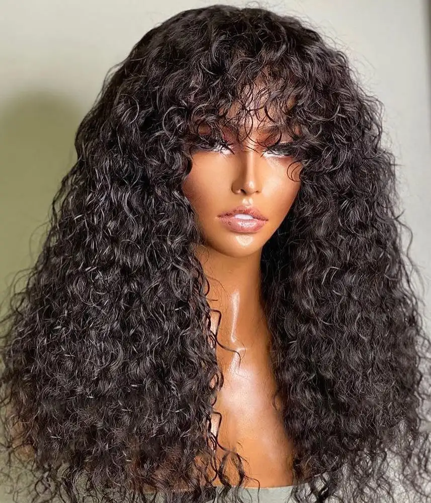

26 Inch Long Soft Glueless Kinky Curly Wig With Bangs Synthetic Machine Wig Natural Black Wig For Women Heat Resistant Daily
