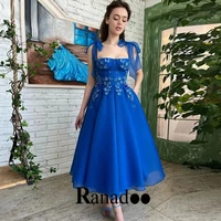 blue detachable straps chiffon strapless evening dresses ankle length sleeveless flowers appliques party vestidos customised