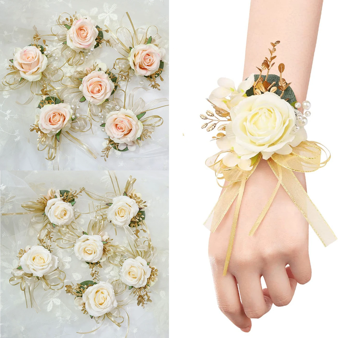 

Yannew Champagne Wrist Corsage Boutonniere Bridemaid Groom Artificial Rose Flower Wristlet for Ivory Wedding Homecoming Ceremony