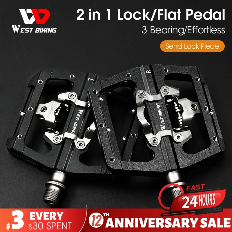 

WEST BIKING Bicycle Pedals 2 In 1 Anti-slip SPD Self-Locking Pedal 3 Bearings MTB Road Bicycle Pedals Cycling Part Accessories