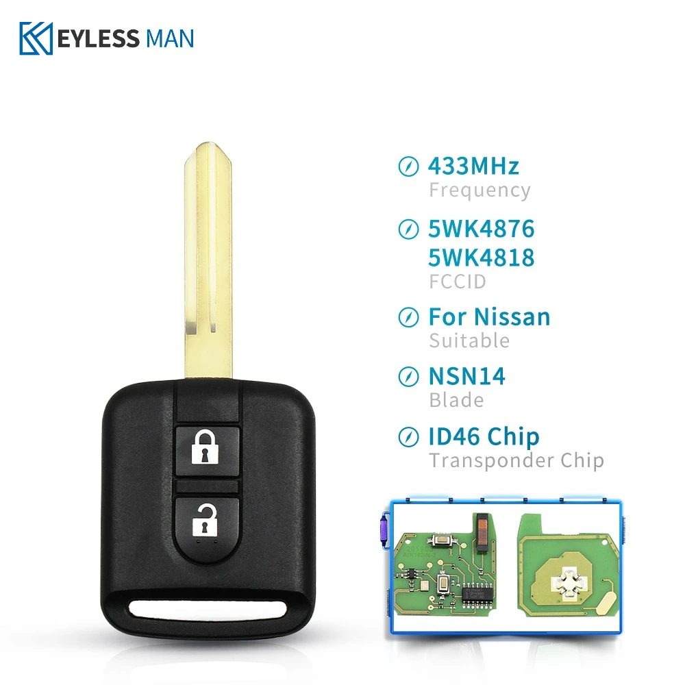 

433Mhz ID46 PCF7946 Chip Rermote Key Fob For Nissan Navara Elgrand X-TRAIL Qashqai Micra Note NV200 2 Buttons 5WK4876 5WK4818