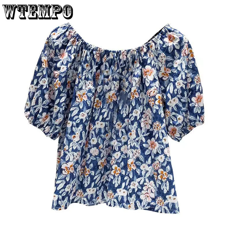 Off Shoulder Blouse Women 2022 Vintage Floral Print Top Loose Temperament Puff Sleeve Shirts Blue One Shoulder Shirt Blouses
