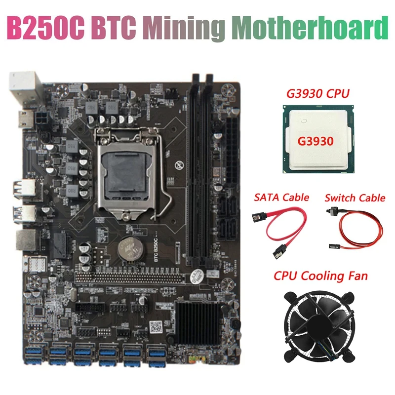 

Материнская плата B250C для майнинга BTC с ЦП G3930 + вентилятор + кабель SATA + кабель переключения 12xpcie на USB3.0 слот GPU LGA1151 поддерживает DDR4