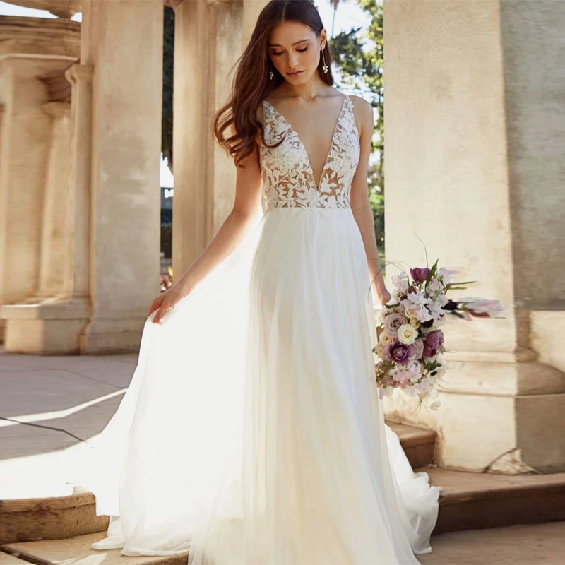 

Sexy Deep V Neck Boho Wedding Dresses For Women 2023 Bride Gown Chiffon Beach A Line Vestido De Novia Suknia Ślubna Robe Mariage