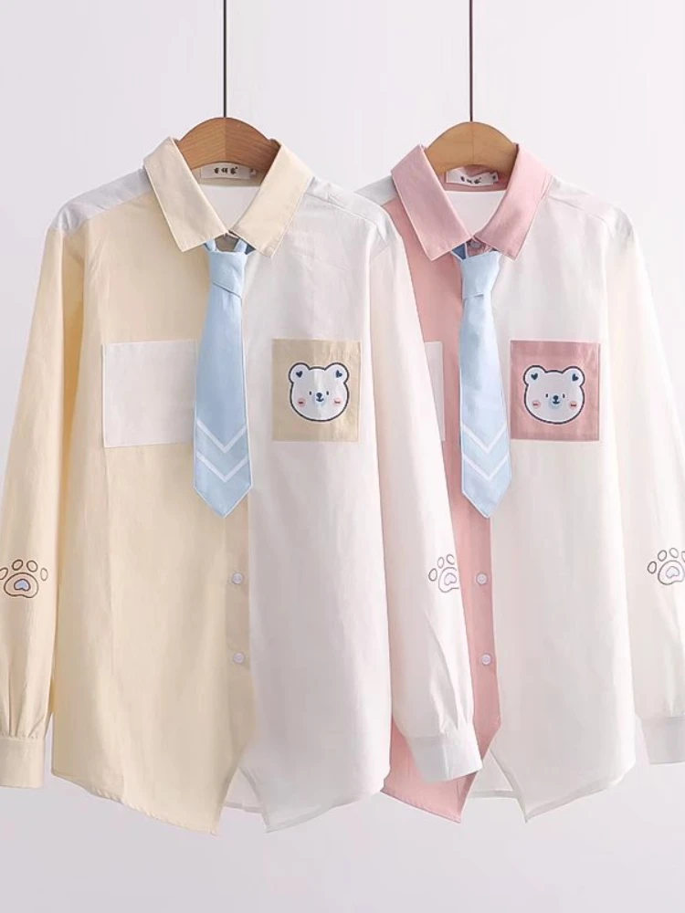 Harajuku Bear Print Long Sleeve Cotton Shirt Women Summer Turndown Collar Girls Kawaii Shirts Patchwork Casual Tie Pockets Tops
