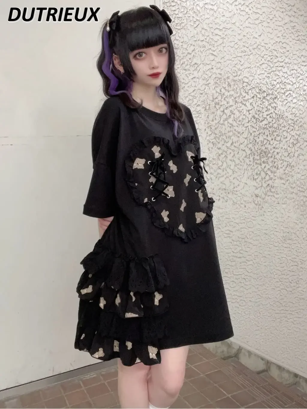 iona w japońskim stylu Słodkie fajne dziewczyny Kreskówka z nadrukiem Okrągły dekolt Top krótkim rękawem Duże serce Luźna koszulka średniej