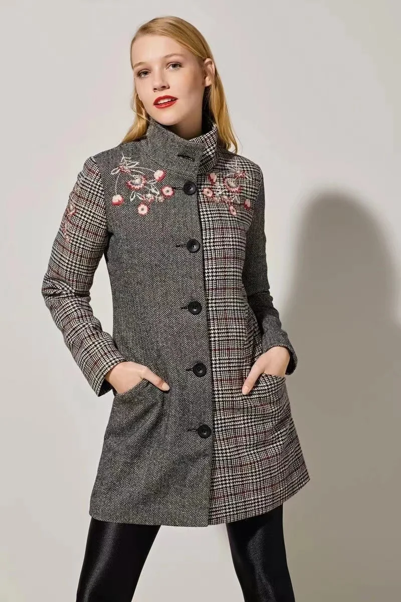 

Испания D Deschko 2022 зима ретро клетчатая вышивка воротник-стойка шерстяное пальто куртка