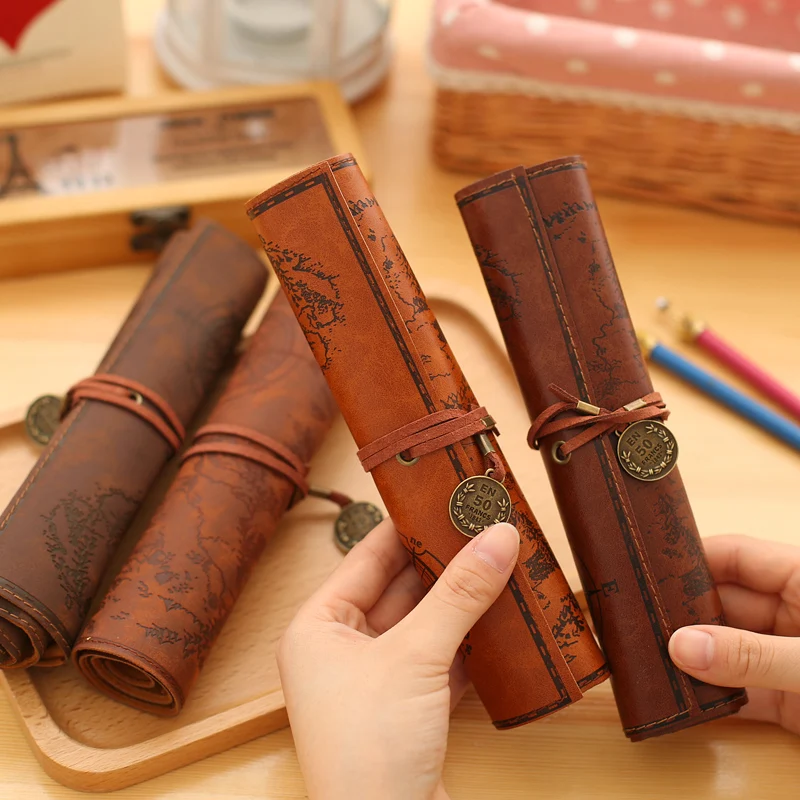 

Vintage PU Leather Roll-up Pencil Bags Waterproof Art Students Pencil Case Stationery Pen Box Woman Make Up Cosmetics Bag