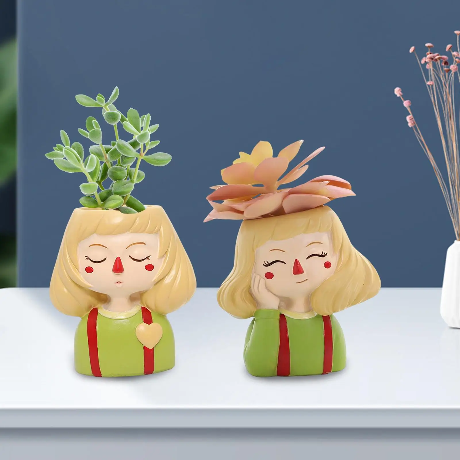 2x Face Planters Pots Figurine Succulent Flower Pot Girl for Desk Home Decor