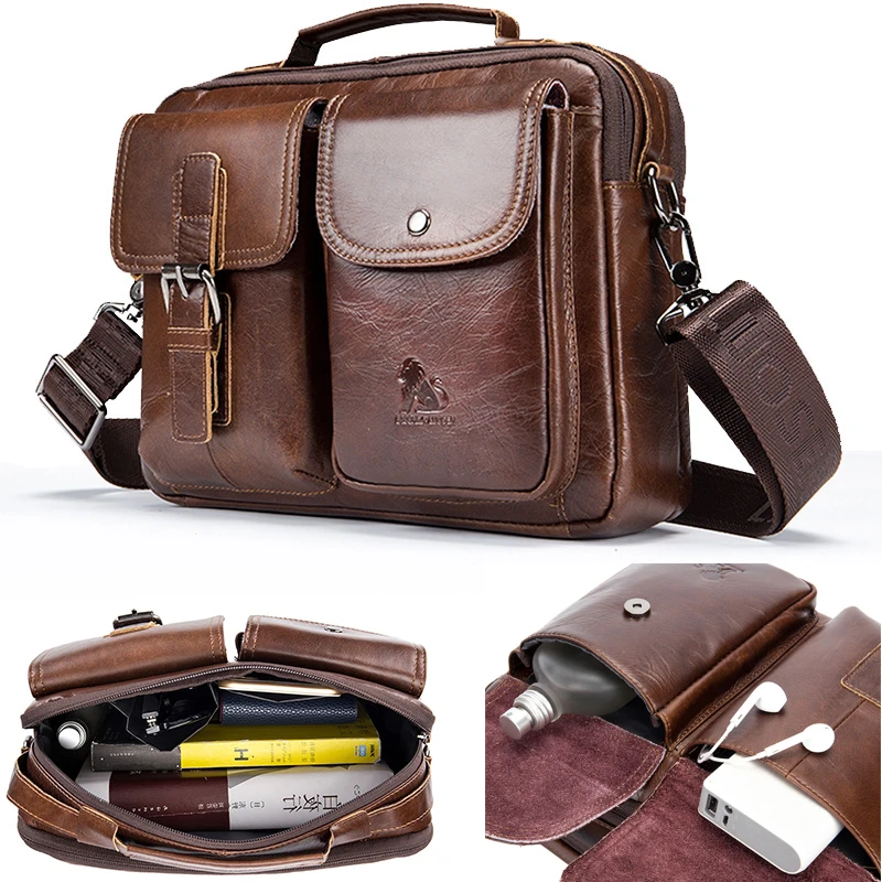 

Men Top Layer Cowhide Genuine Leather Shoulder Bags Retro Anti-theft Waterproof Crossbody Travel Sling Messenger Pack for Male
