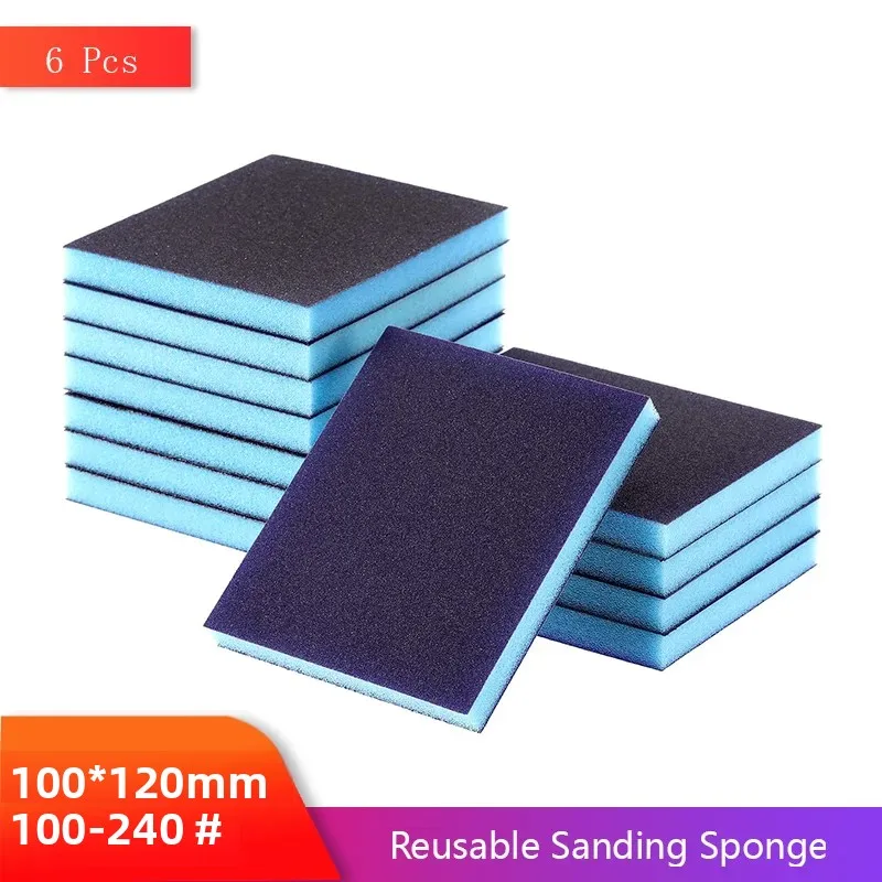 

6 шт. многоразовая шлифовальная губка, грубая, средняя, тонкая, 120*100 мм, 100-240 грит, влажная и сухая для полировки металла, дерева, абразивный инструмент