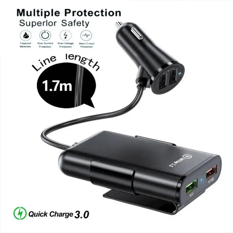 

4 USB Car Charger QC3.0 Fast Charger 5.6ft Extension Cable Quick Charger For Car SUV Truck Зарядное Устройство