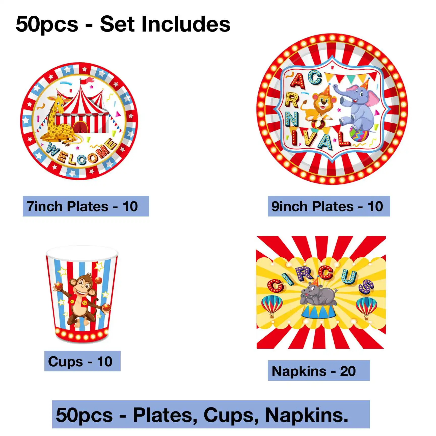 

50pcs 10 People Use Circus Theme Party Supplies Home Events Birthday Baby shower Wedding Decorations Disposable Cup Napkins