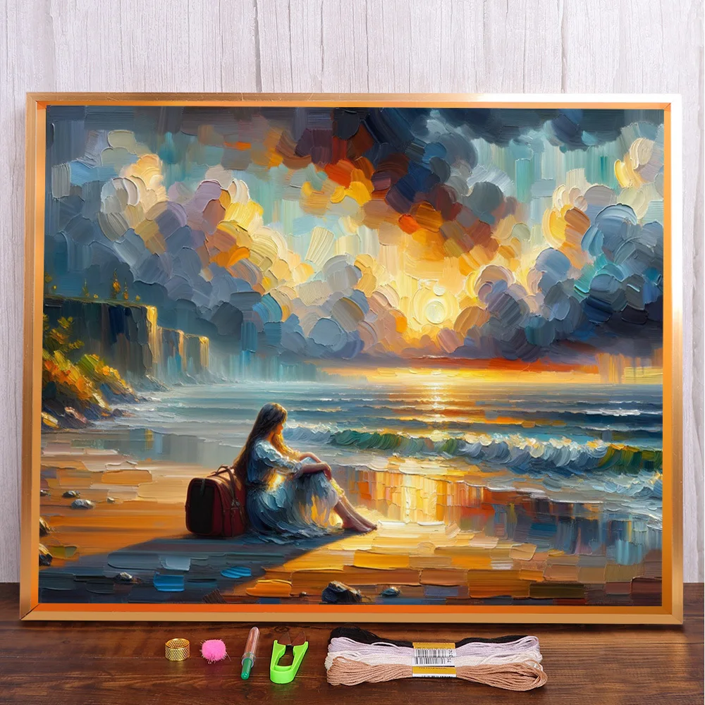 Пейзаж Девушка на пляже Вышивка крестиком DIY Полный комплект для вышивки Вязание
