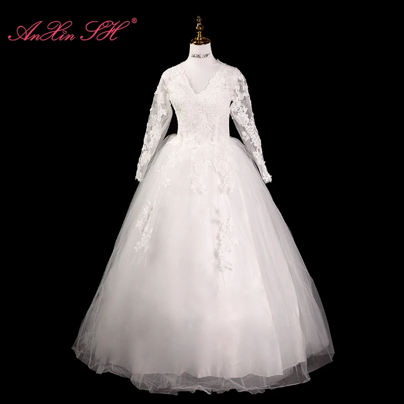

Белое Кружевное бальное платье AnXin SH принцессы с цветком розы, v-образным вырезом, иллюзией, длинным рукавом, на шнуровке, простое модное свадебное платье для невесты