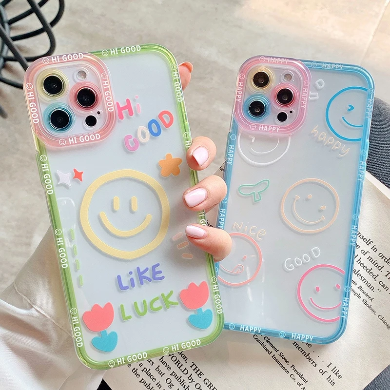 

Cute Smile Phone Case For iPhone 13 14 Pro Max Mini 12 11 X XS XR 7 8 Plus Happy Face Couple Soft Shockproof Transparent Cover