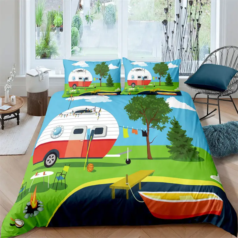 

Happy Camping Duvet Cover Queen Cartoon Camping Bedding Set Farmhouse Style 3D Camper Comforter Cover With Pillowcases Caravan