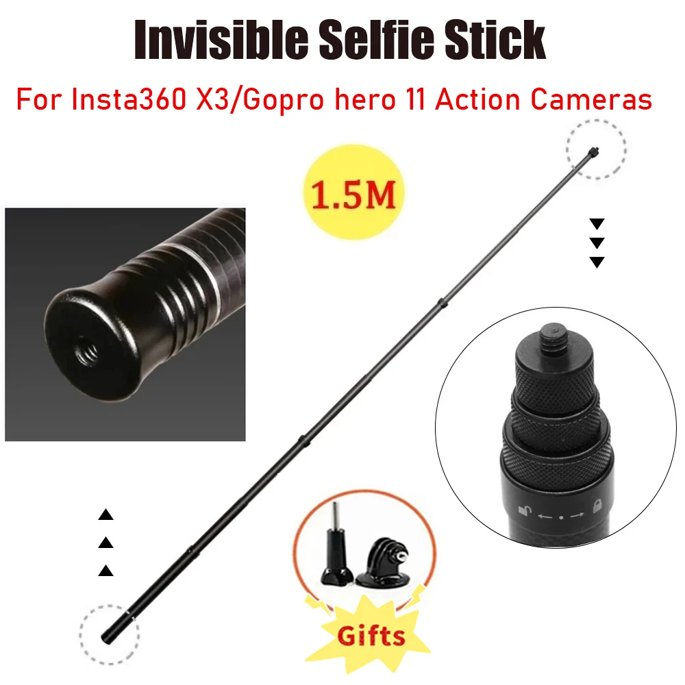 

1.5M Carbon Fiber Invisible Extended Edition Selfie Stick for Insta360 X3 ONE X2 RS Gopro Hero 11 DJI Action 3 Cameras Accessory