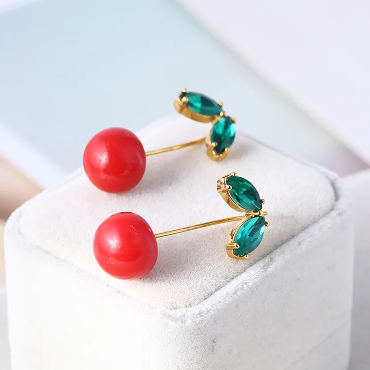 

Simple fashion cherry with green zircon style gold earrings accessories