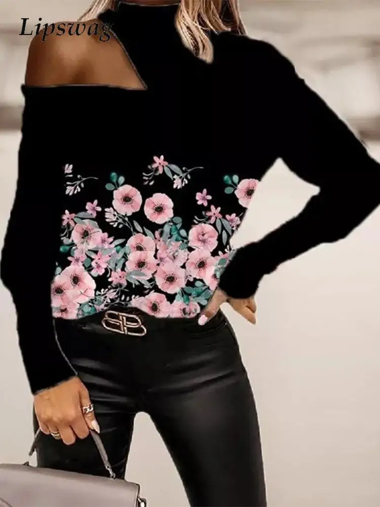 

Женская ажурная рубашка с цветочным принтом, повседневный пуловер с круглым вырезом и длинным рукавом, топы, модная пикантная блузка с откр...