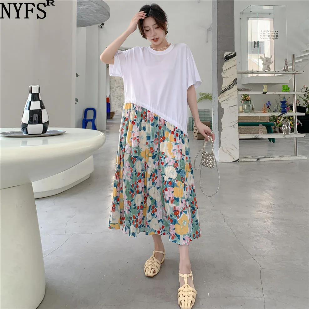 

NYFS 2022 Summer New Korea Woman Dress Vestidos Robe Elbise Fashion Cotton Plus Size Drawstring Stitching Long Dresses