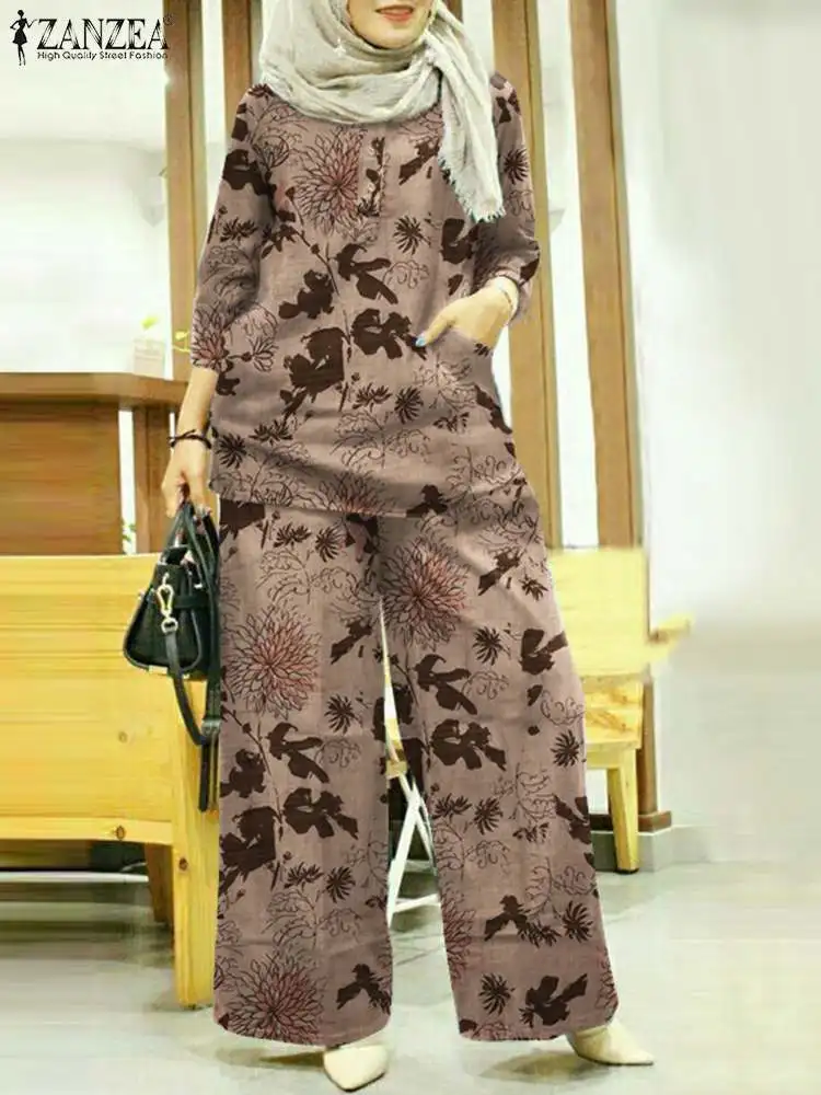 

ZANZEA 2PCS Elegant Casual Loose Abaya Kaftan Set Women Floral printed Muslim Suit O-Neck Short Sleeve Blouse Wide Leg Pant