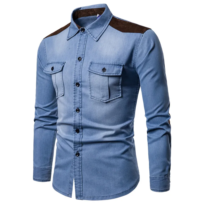 Fashion Men's Cotton Denim Shirts Washed Casual Long-sleeved Patchwork Shirt Slim Fit Jean Cowboy Tees Tops Hombre Outerwear