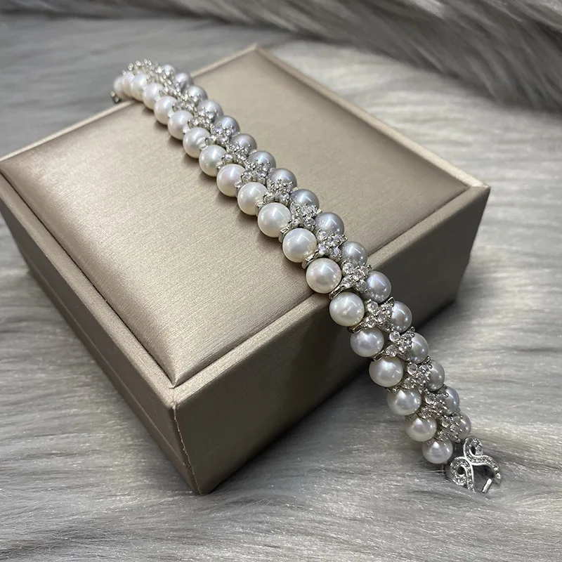 

Fresh Water Gray White Two-Color Pearl Double Row Feeling Expensive Bracelet