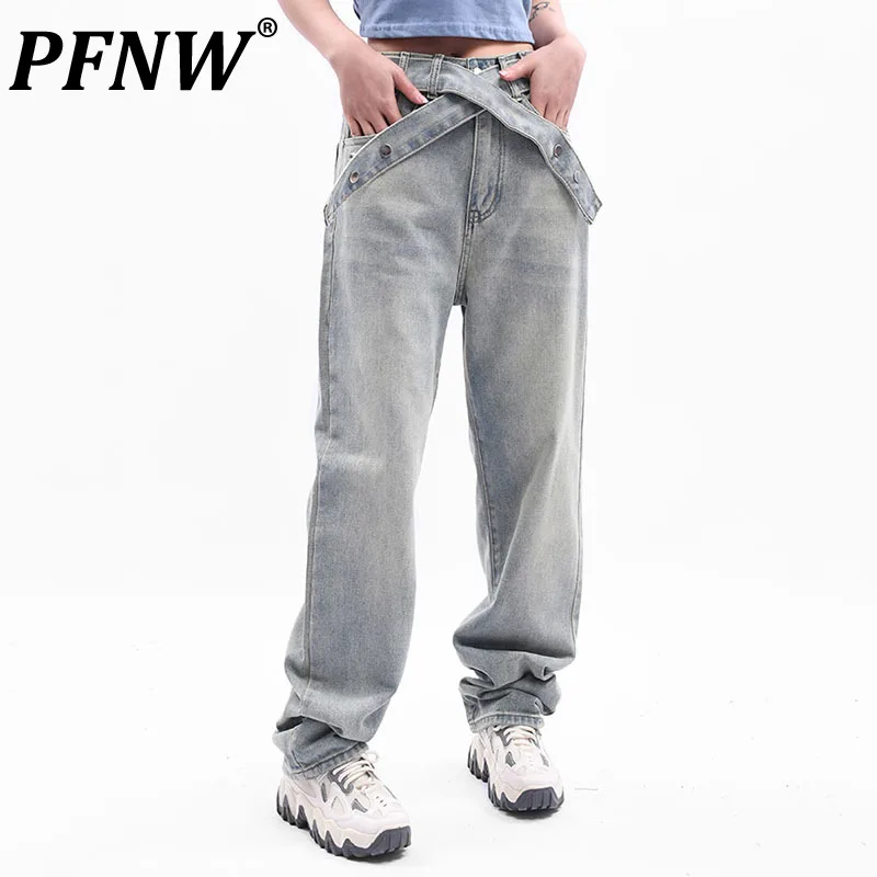 

PFNW Spring Summer New Men's High Street Vintage Waist Buckle Belt Washed Jeans Niche Trendy Loose Straight Casual Pants 28A2785
