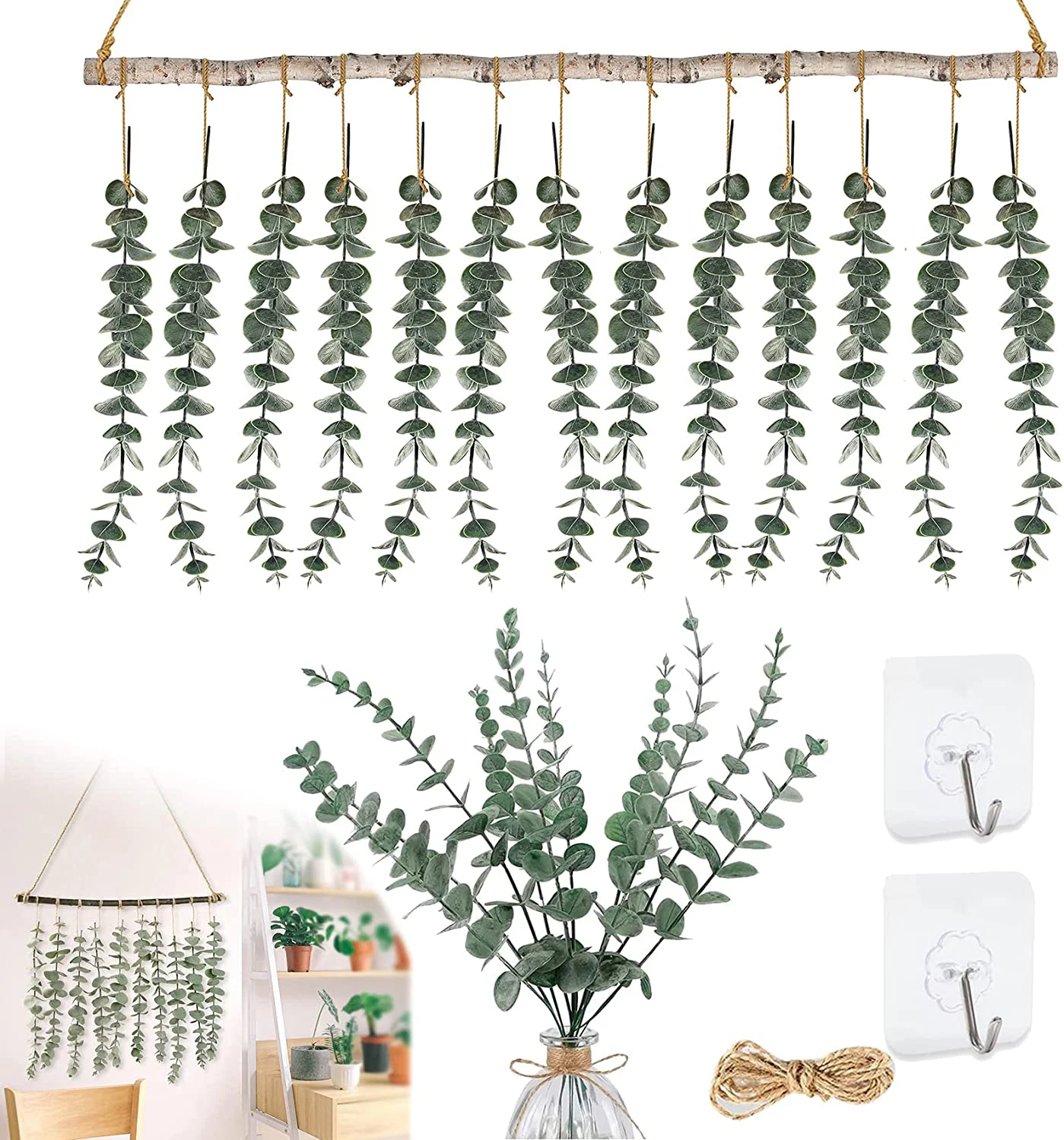 

Artificial Eucalyptus Green Hanging Wall Decor Fake Eucalyptus Vines with Wooden Sticks Farmhouse Rustic Boho Wall Home Decor