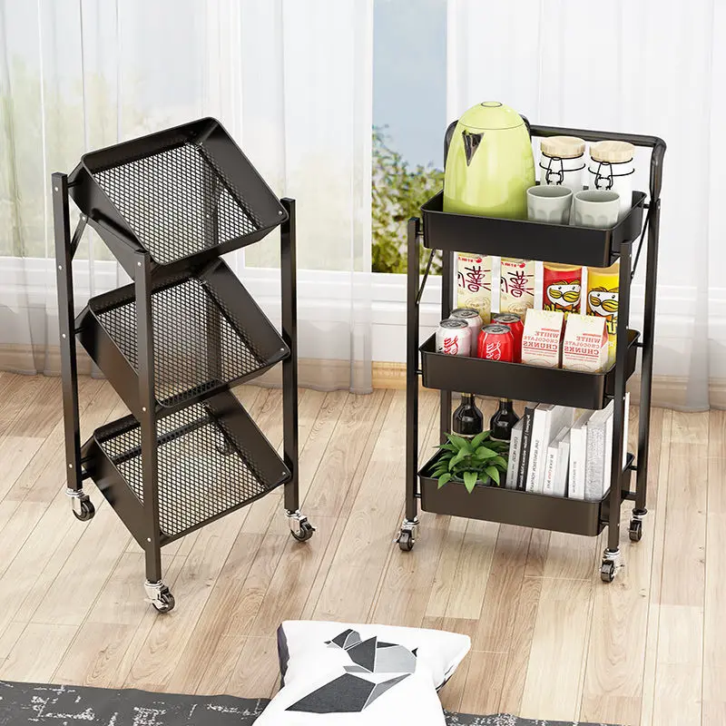

Carbon steel kitchen cart foldable 2/3/4 tier vegetable fruit grocery storage shelf with rolling wheel snacks trolley cart