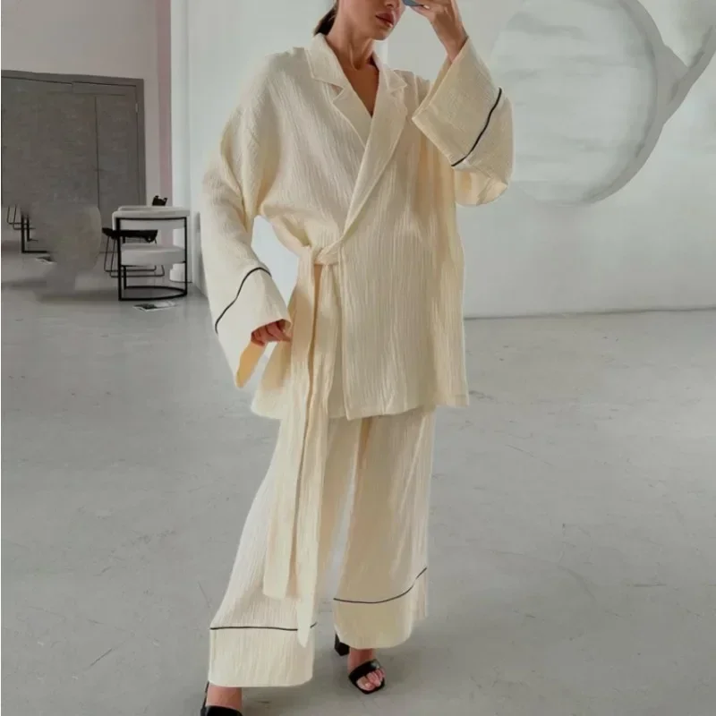 

Comfortable Homewear Loungewear Long Sleeve Lapel Collar Shirt Top Wide Leg Pants Outfits Autumn Women Two Piece Pajamas Set