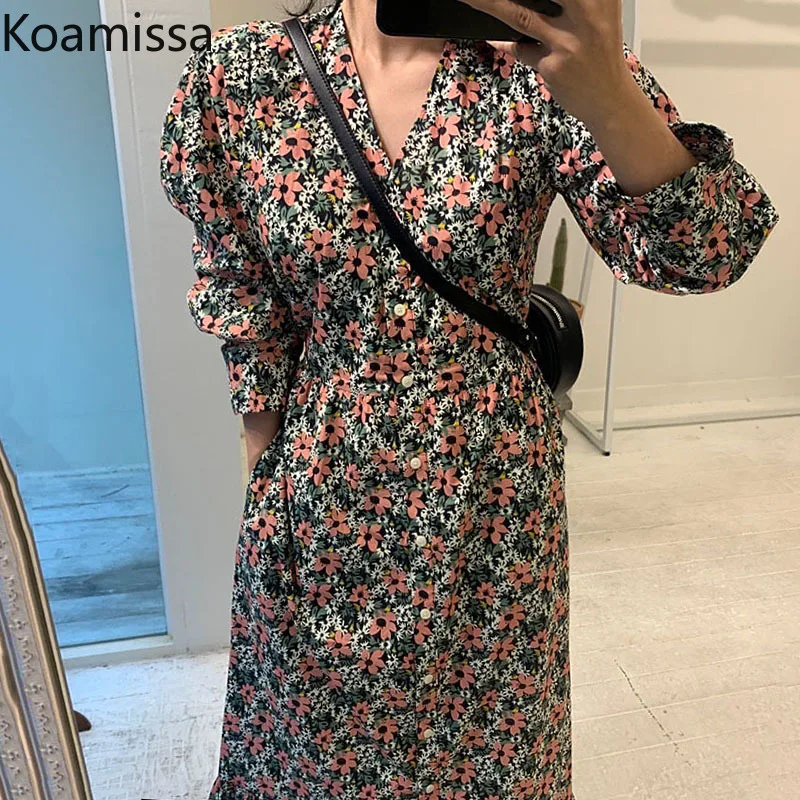 Koamissa Vintage Floral Print Women Spring Dress 2022 Elegant V-neck Long Sleeve Beach Maxi Dresses Casual Pockets Slim Vestidos