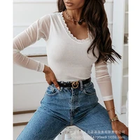 womens t shirt top summer sexy fashion solid color slim lace pullover t shirt women casual long sleeve o neck stitching t shirt